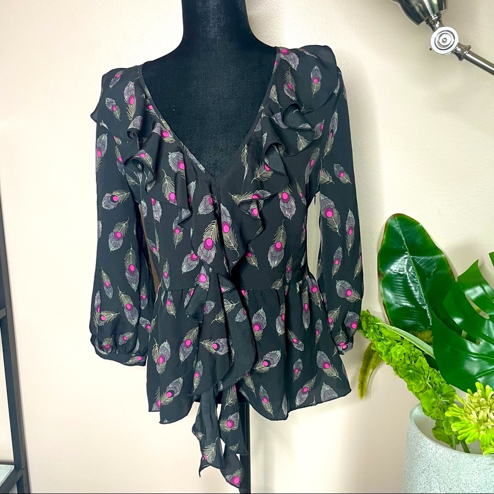 Women's Peacock Feather Long Sleeves V-neckline Cascading Ruffle Zipper Blouse